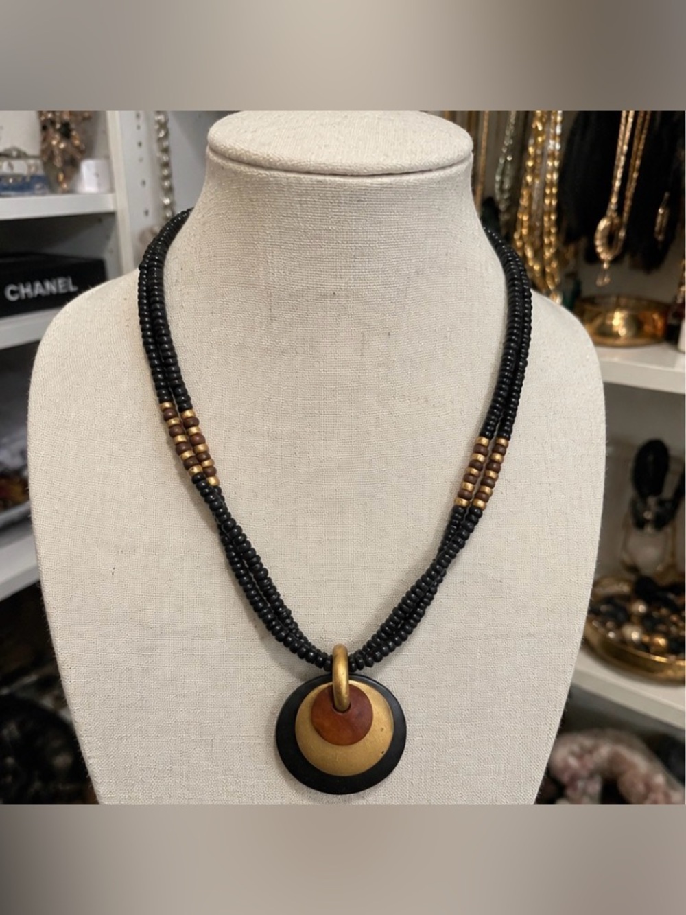 Vintage-Style Black Wood Double Strand Disc Pendant Necklace Boho Artisan